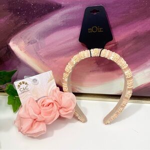 nOir Jewelry Beaded Headband and C&C Collection Floral Rose Hair‎ Claw Clip Pink